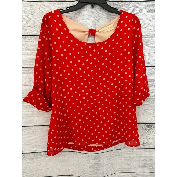 Peaches and Cream Polka Dot Blouse w/ Buttoned Sleeves & Keyhole Back Size M - Picture 1 of 3